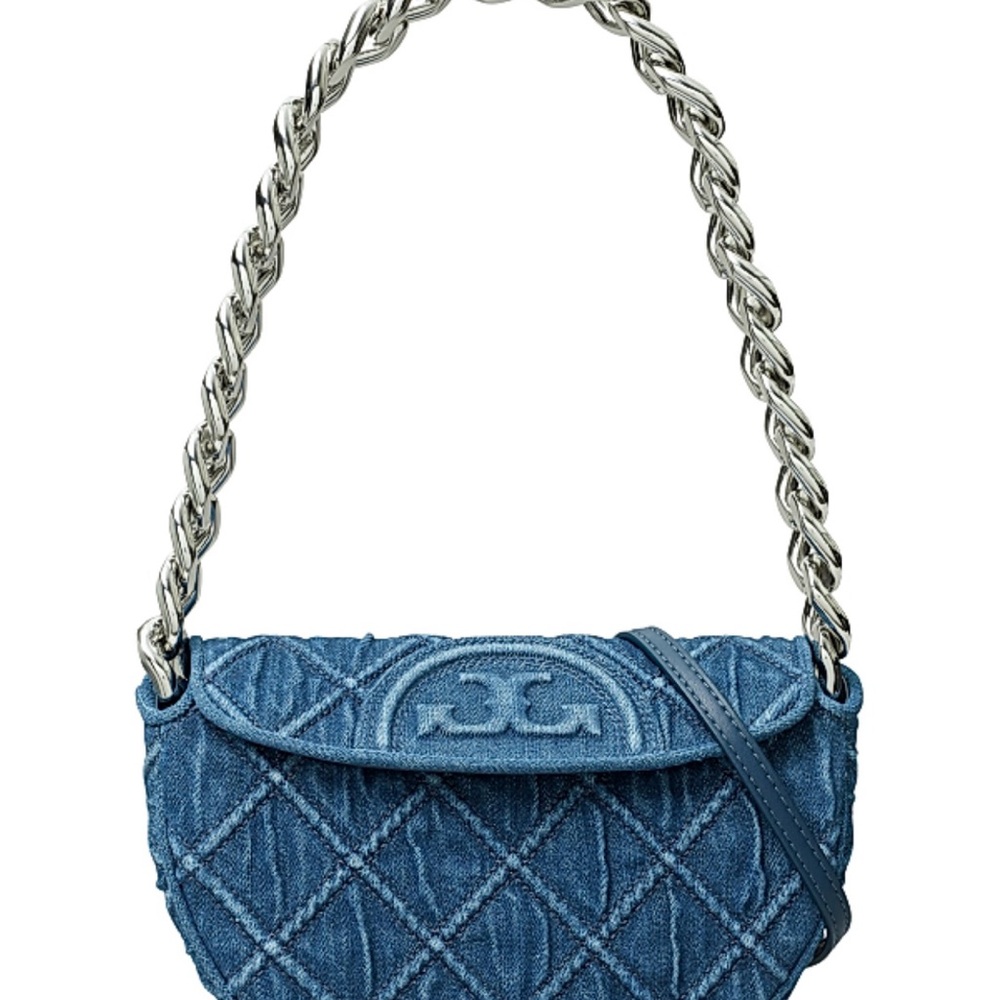 Tory Burch Fleming Crescent Bag Denim Quilted Shoulder Bag $498 NEW WITH TAGS